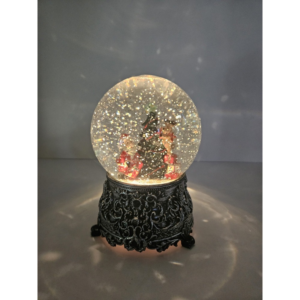 Lighted Christmas Tree Snow Globe Swirling Glitter Plastic Dome Black Filigree